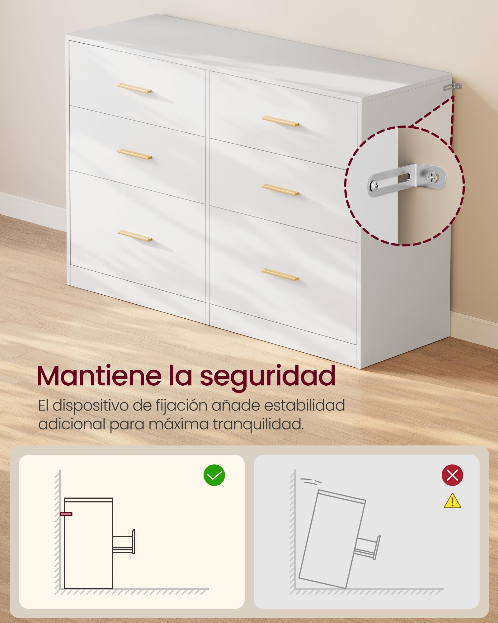 VASAGLE Custos Colección - Cómoda para Dormitorio, Mueble Almacenaje con Cajones, Soporte Moderno para TV de Salón, 6 Cajones, 40 x 119 x 78 cm, Blanco Nube LTS416WB01