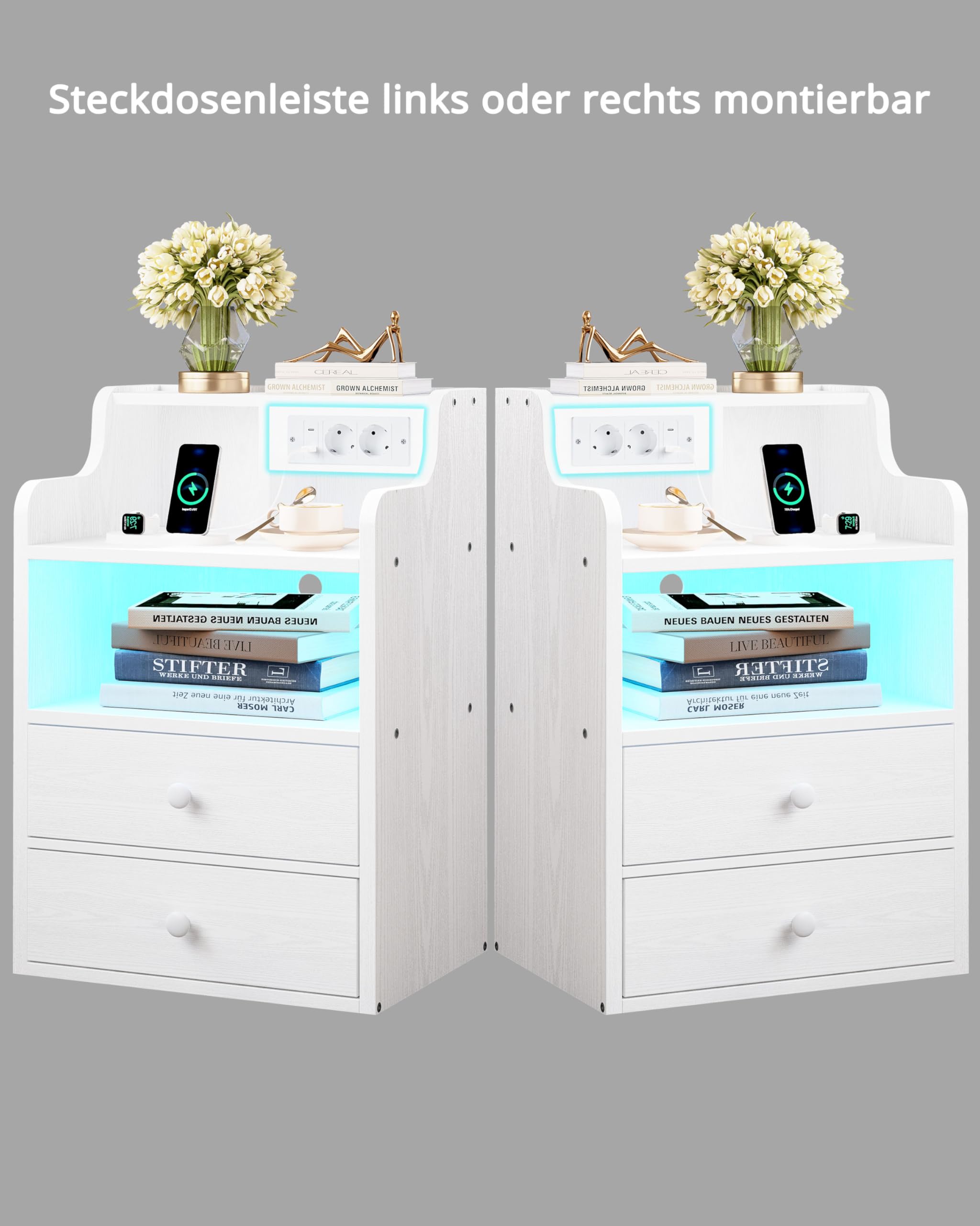 IRONCK Nachttisch LED mit Steckdose und Ladefunktion, Beistelltisch Holz, Nachtschrank mit 2 AC, 1 USB& 1 Type-C Anschlüsse, Sofatisch mit 2 Schubladen, Nachtkästchen Wohnzimmer,Schlafzimmer, Weiß