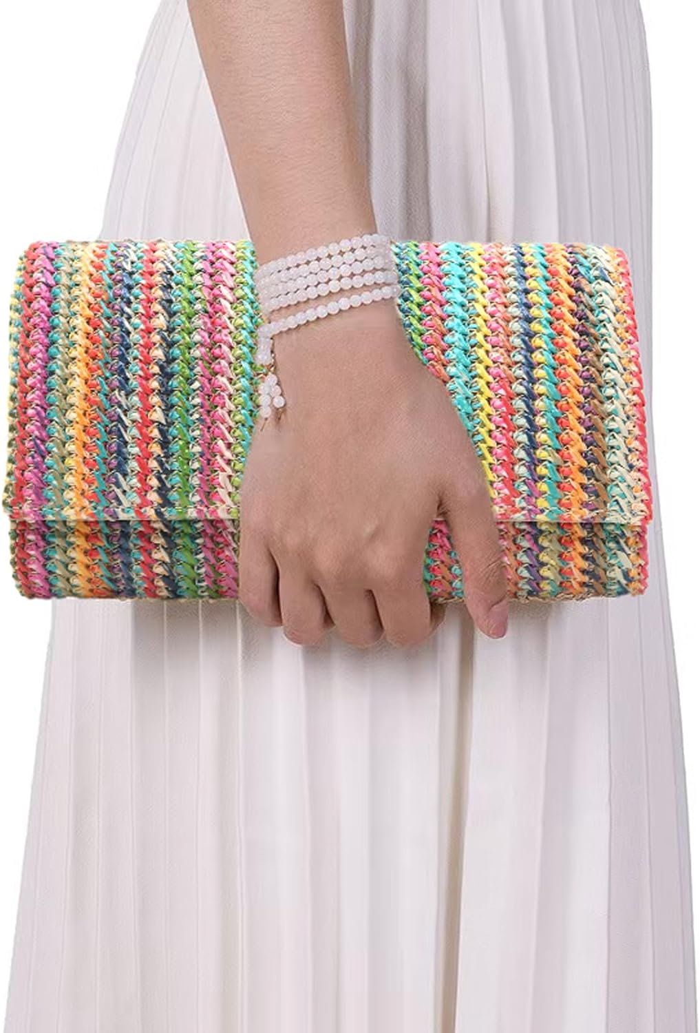 Fozehlad Straw Clutch Purse for Women Woven Straw Beach Crossbody Purse Raffia Envelope Wallet Fold Over Chain Shoulder Bag