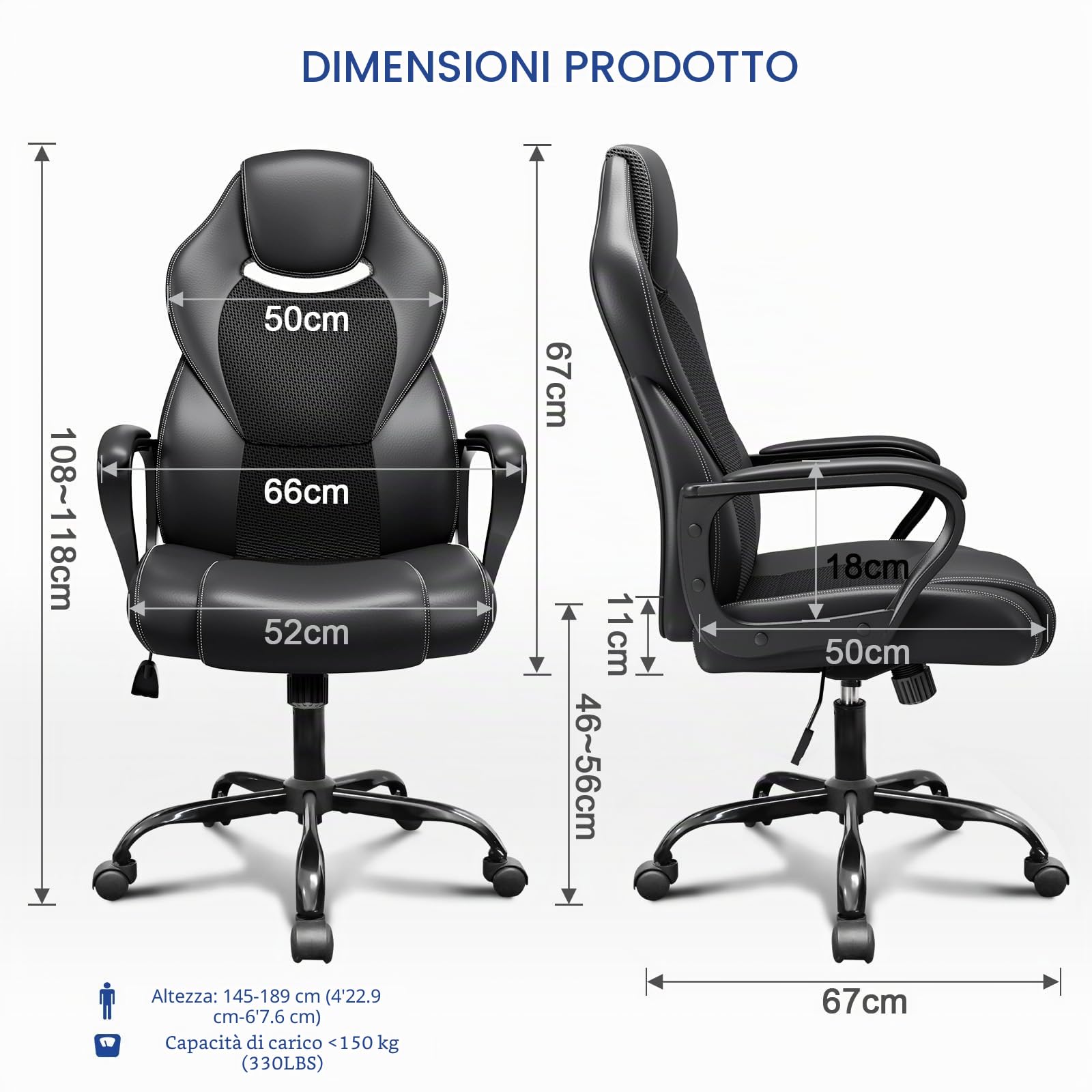 BASETBL Sedia da Ufficio Ergonomica con Supporto Lombare, Sedia Scrivania Poltrona Girevole ad Altezza Regolabile per Ufficio e Studio — Nera