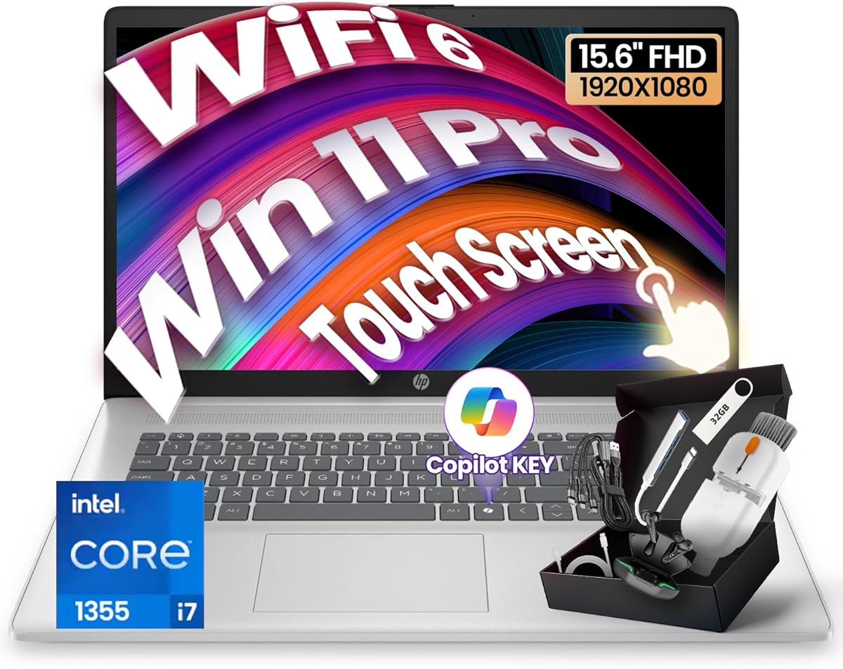 HP 2025 Updated 15.6" FHD Touchscreen Business Laptop, Intel i7-1355U (64GB RAM | 2TB SSD), Copilot Key, Numeric Keypad, Webcam, Windows 11 Pro, WiFi 6 & Bluetooth with SXK Accessory Kit : Electronics