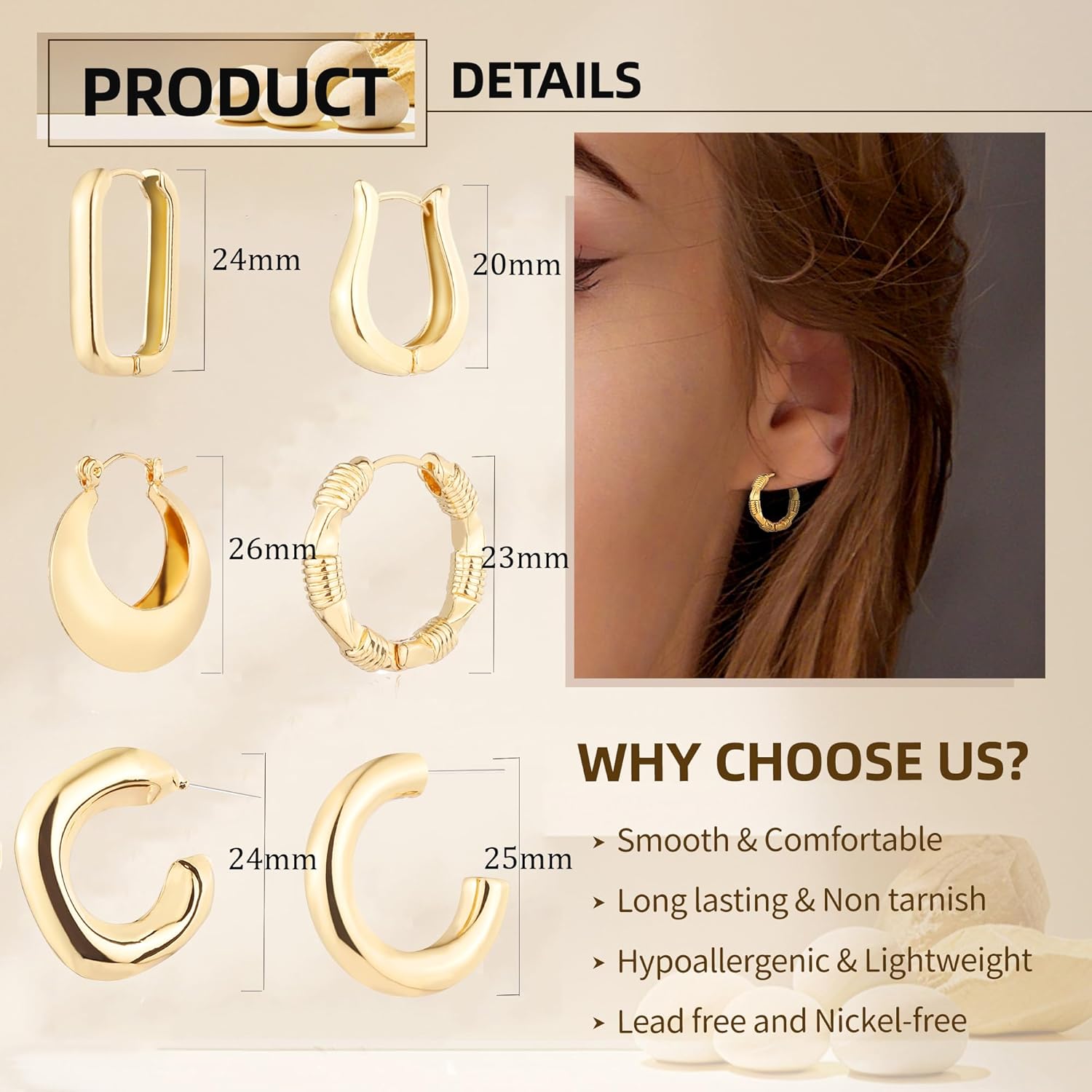 6 Pairs 14K Gold Plated Hoop Earrings for Women Lightweight Chunky Hoop Earrings Multipack Hypoallergenic, Thick Open Twisted Huggie Hoops Earring Set Jewelry for Gifts. - Image 5