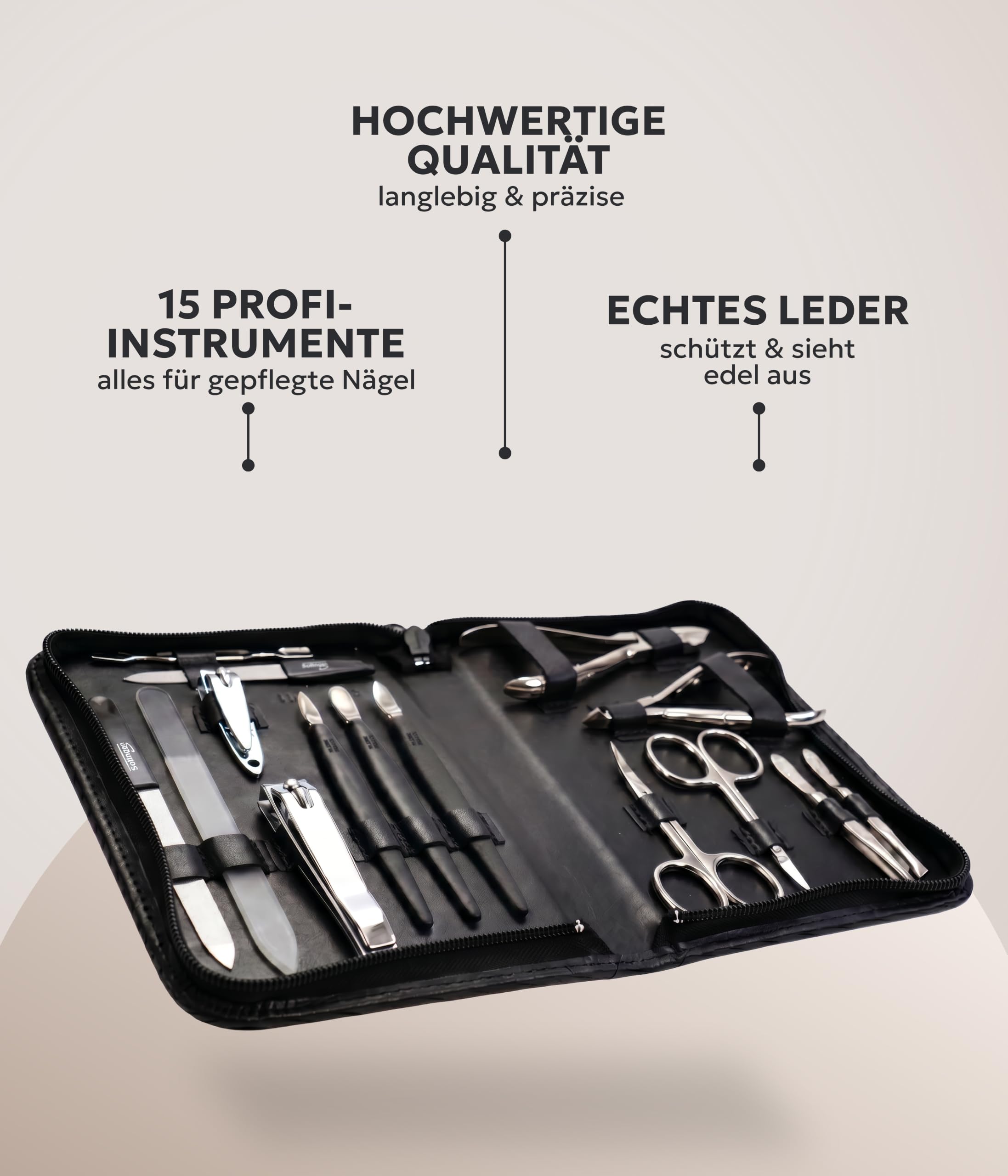 BERKWERG® Solingen Manicüreetui Leder Schwarz 15-teilig - Präzisions-Nagelpflege-Set inkl. Nagelschere & Hautschere Solingen – für perfekte Maniküre & Pediküre – Made in Germany
