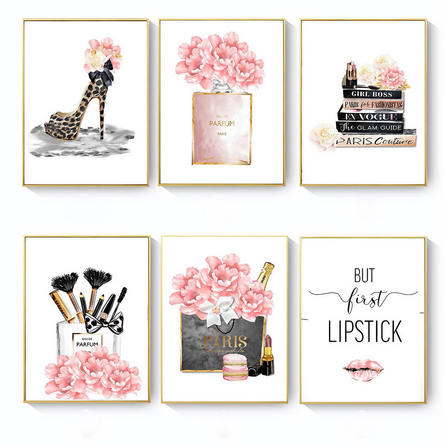 6 Pcs Canvas Wall Art, Fashion Pink Wall Art, with High Heels, Perfume, Leopard Print Decoration, Pink Room Decor, Wall Arts For Living Room, Posters For Bedroom for Women Girls, 8x12'' Unframed
