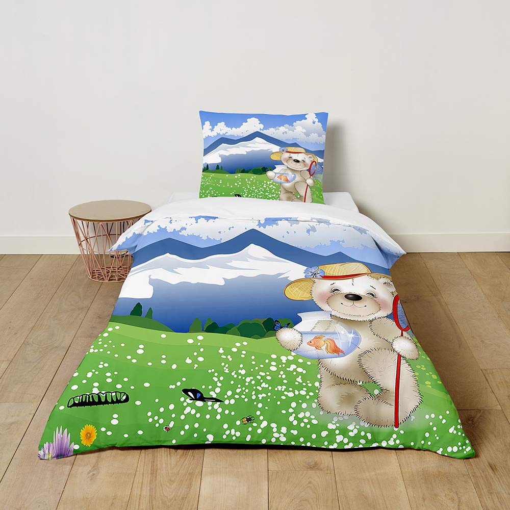 FANSU Kids Boys Girls Duvet Cover 2 Piece Bedding Set, Super cute plush Bear Printing Children Quilt Cover & Pillow Set for Nursery Toddler Cot Single Size Bed (Nature,100x135cm+40x60cm)