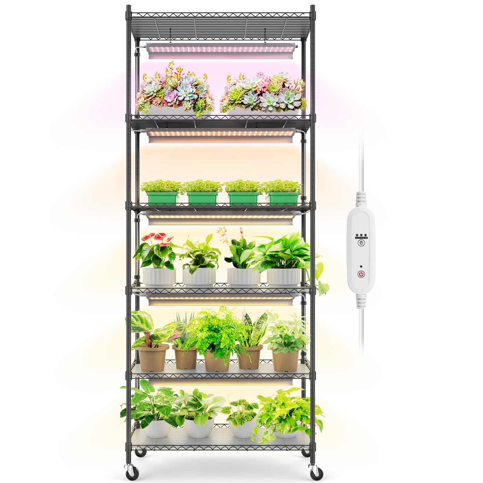 Photo 1 of Barrina Plant Stand with Grow Lights for Indoor Plants, 6-Tier Metal Plant Shelf Display Rack with 5Pcs 2FT 30W Full Spectrum Plant Lights, 3 Adjustable Spectrum and Timer, for Growing, 29.5x13.8x71IN