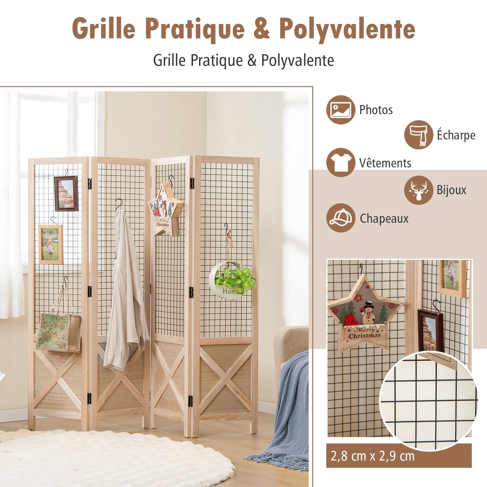 COSTWAY Paravent Interieur 4 Panneaux 151 x 144 cm, Separateur de Pieces Pliable, Bois en Paulownia, Grille, Closion de Separation Interieur, Pieds Antidérapants, pour Chambre Bureau Salon, Naturel