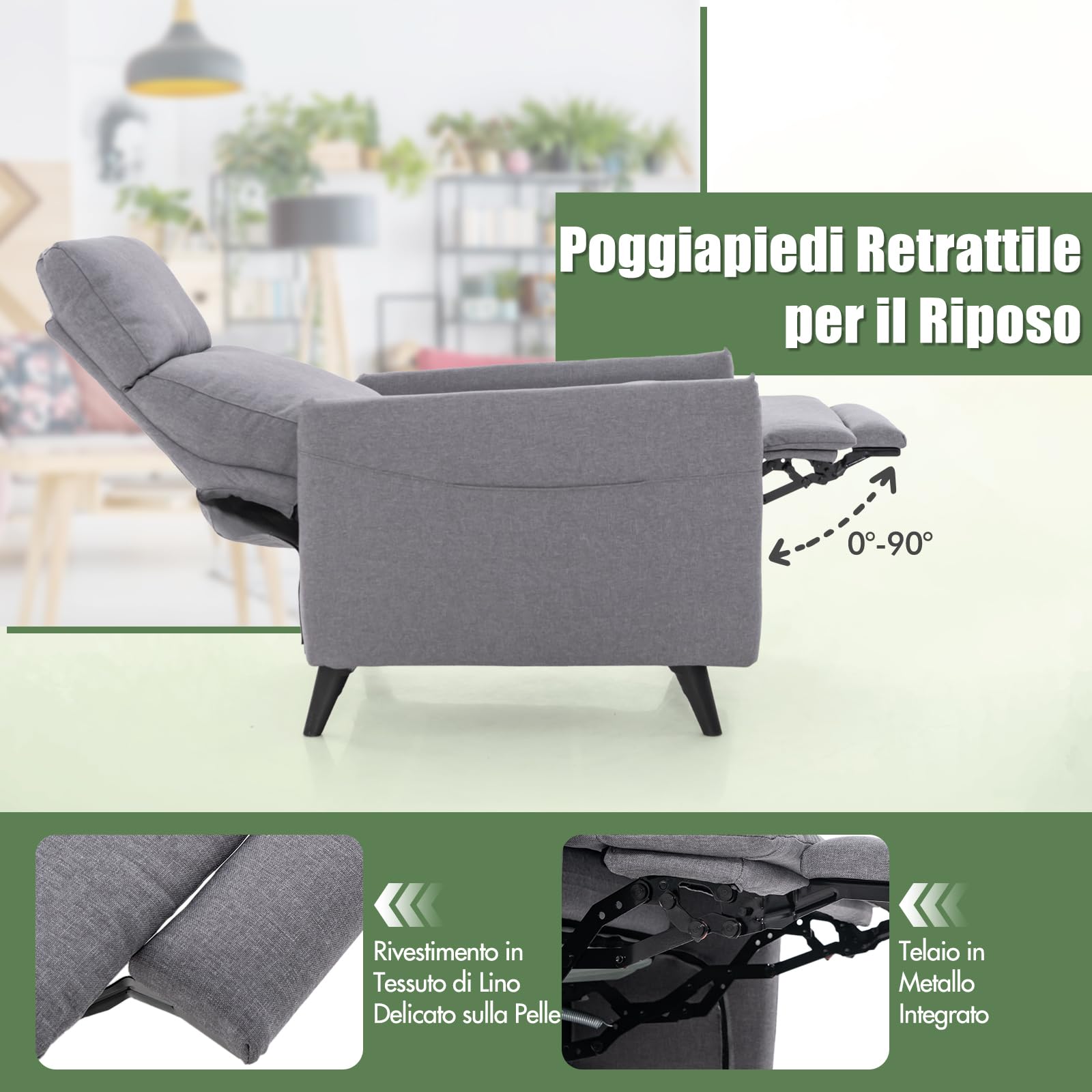 GYMAX Poltrona Reclinabile, Divano Relax con Schienale e Poggiapiedi Regolabili, 2 Tasche Laterali, Supporto Telaio in Ferro, Portata 120 kg, per Soggiorno, Home Cinema e Ufficio, Grigio