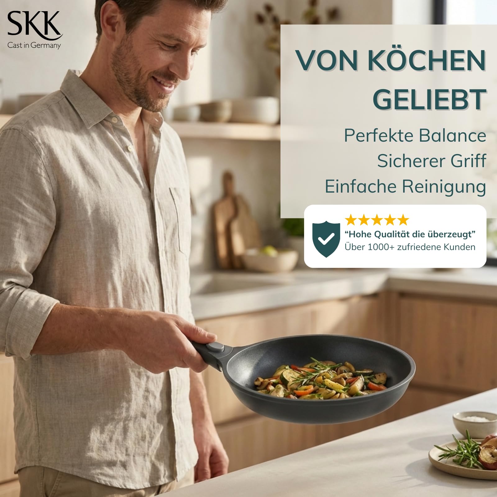 skk 14432 Serie 6 Plus - Sartén de hierro fundido (apta para inducción, mango extraíble, sartén de aluminio fundido a mano, revestimiento antiadherente)