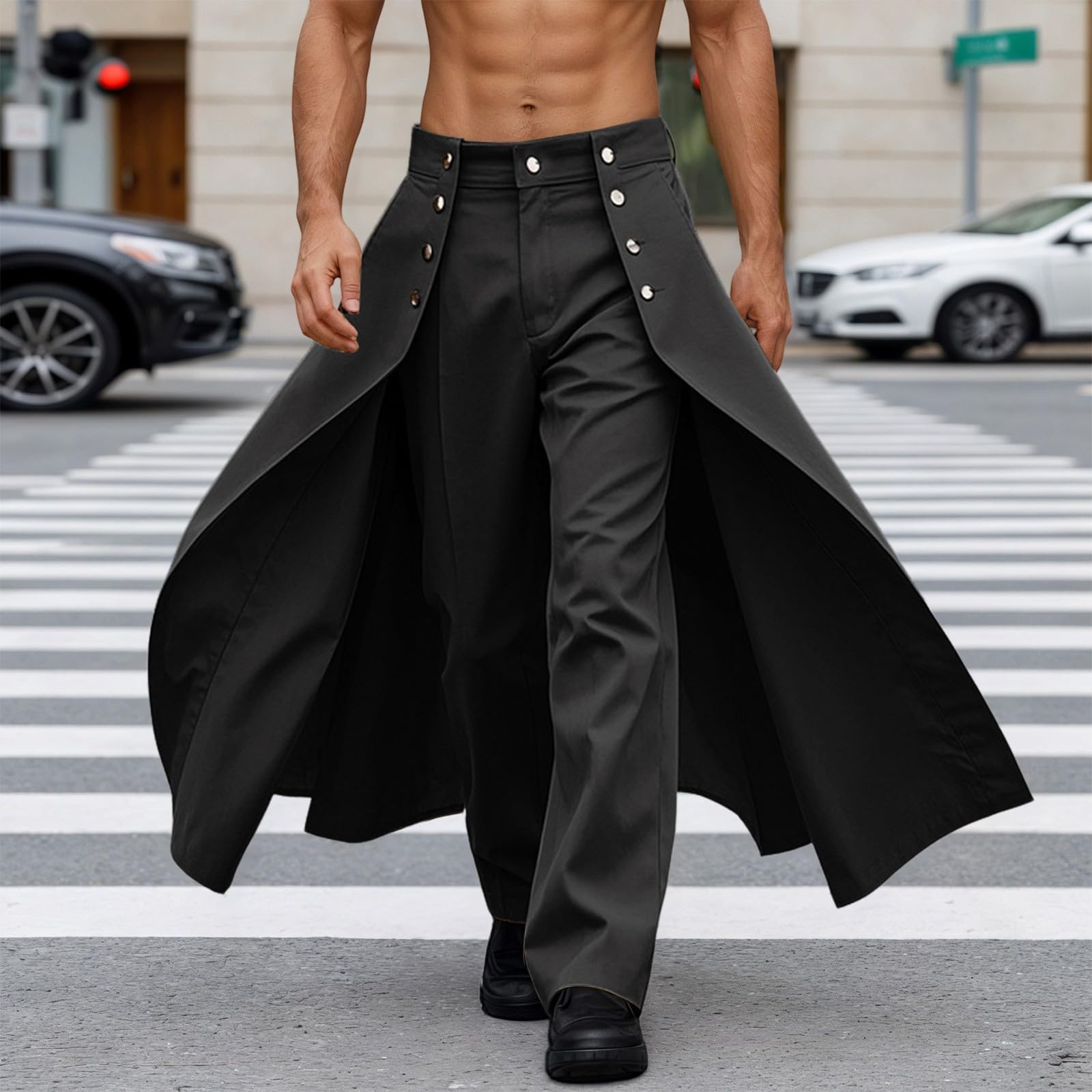 Pantalon pour homme avec panneau de jupe spectaculaire - Combinaison de jupe avant-gardiste - Modèle extravagant avec boutonnière