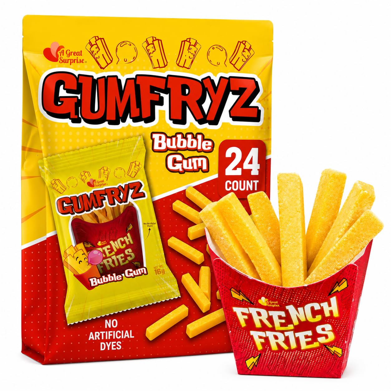 French Fries Bubble Gum – 24 Count Bulk Pack – Novelty Fry-Shaped Bubble Gum – No Artificial Dyes – Fun Food Theme Party Candy, Concession Themed