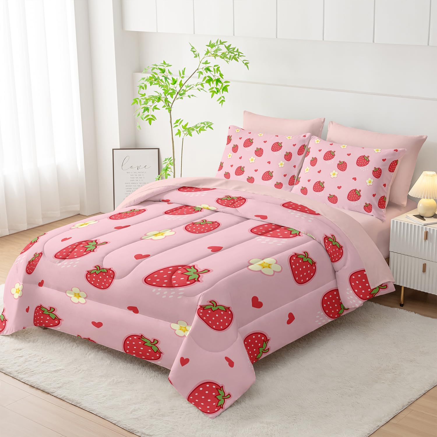 Nttopship Cute Strawberry Queen Comforter Set,Light Cute Pink Strawberry Bedding Set 7 Piece in A Bag,Bed Sheet Set Cute Strawberries and Flowers Decor,Microfiber Lightweight All Season image 2