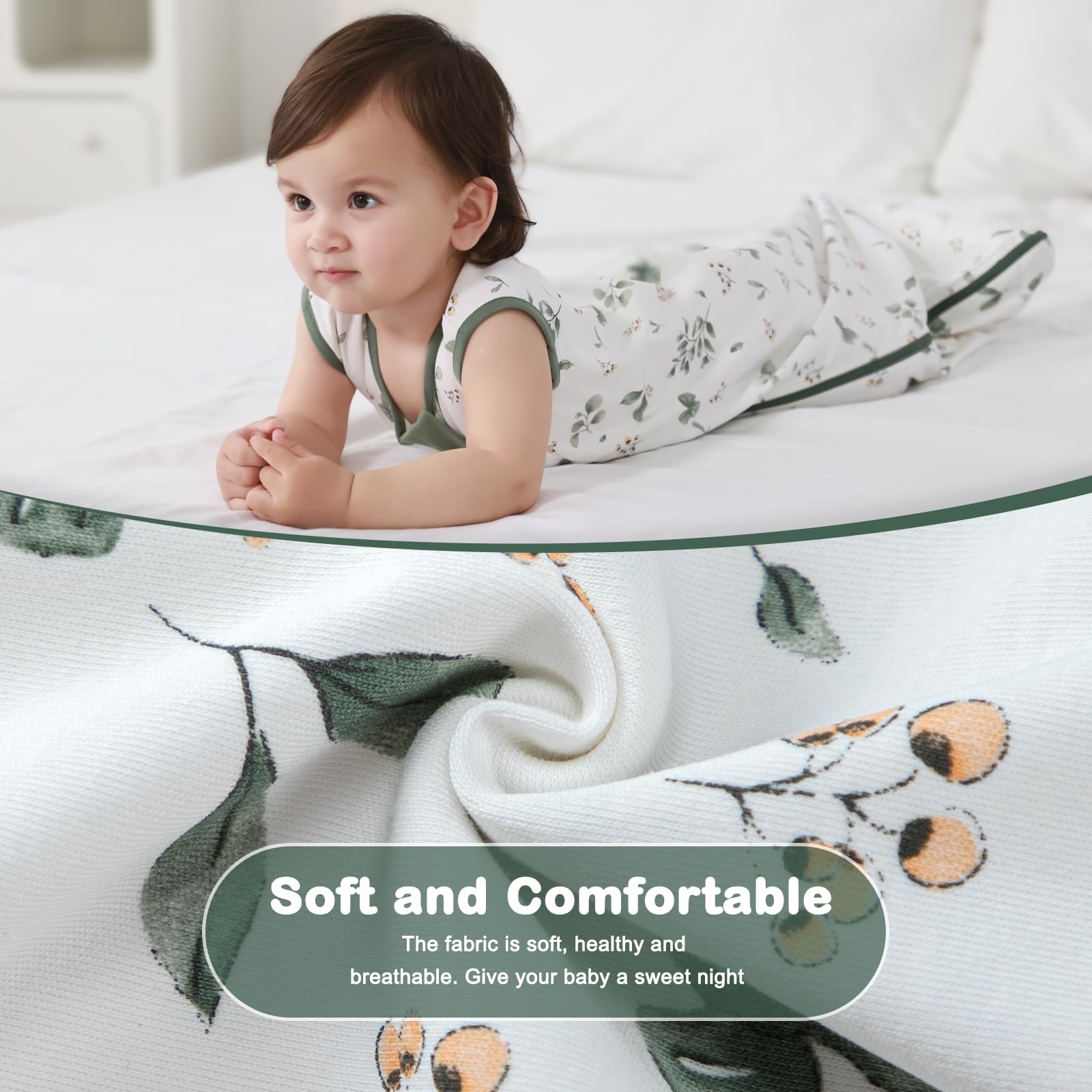 Mosebears 0.5 Tog Sacco Nanna in Cotone per Neonati, Estate - Per Bambini e Bambine(Dark Green&Plant,L(12-18 mesi))