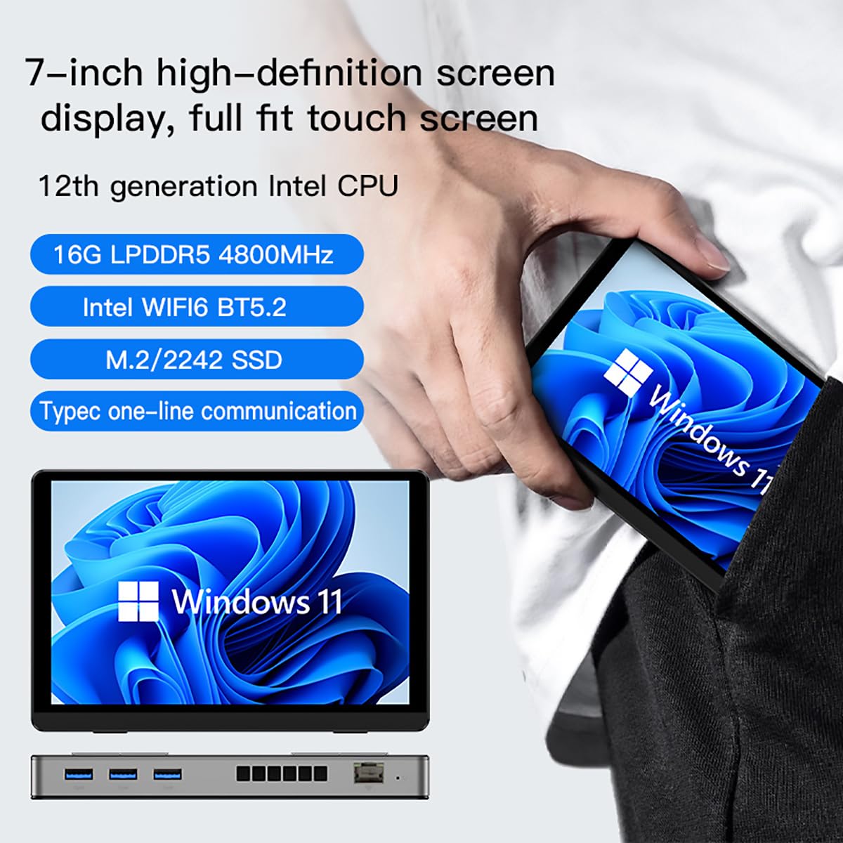 Mini PC Computer N200 mit Bildschirm, Tablet mit 16GB RAM, 512GB SSD | Computer Win11 mit 16g RAM Integriert, Wifi6 BT5.2 Batterie 3400mAh, Portable PC 7 Zoll TouchBildschirm mit Lüfter