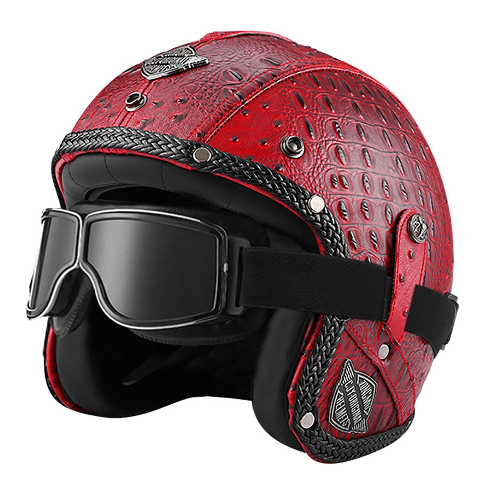 Antiguo 3/4 Casco Abierto, Adulto Hombres Mujer Retro Harley Motocicleta Medio Casco, Cuero PU Chocar Cascos con Mirada Sorprendida, para Scooter Ciclomotor Monopatín Helicóptero
