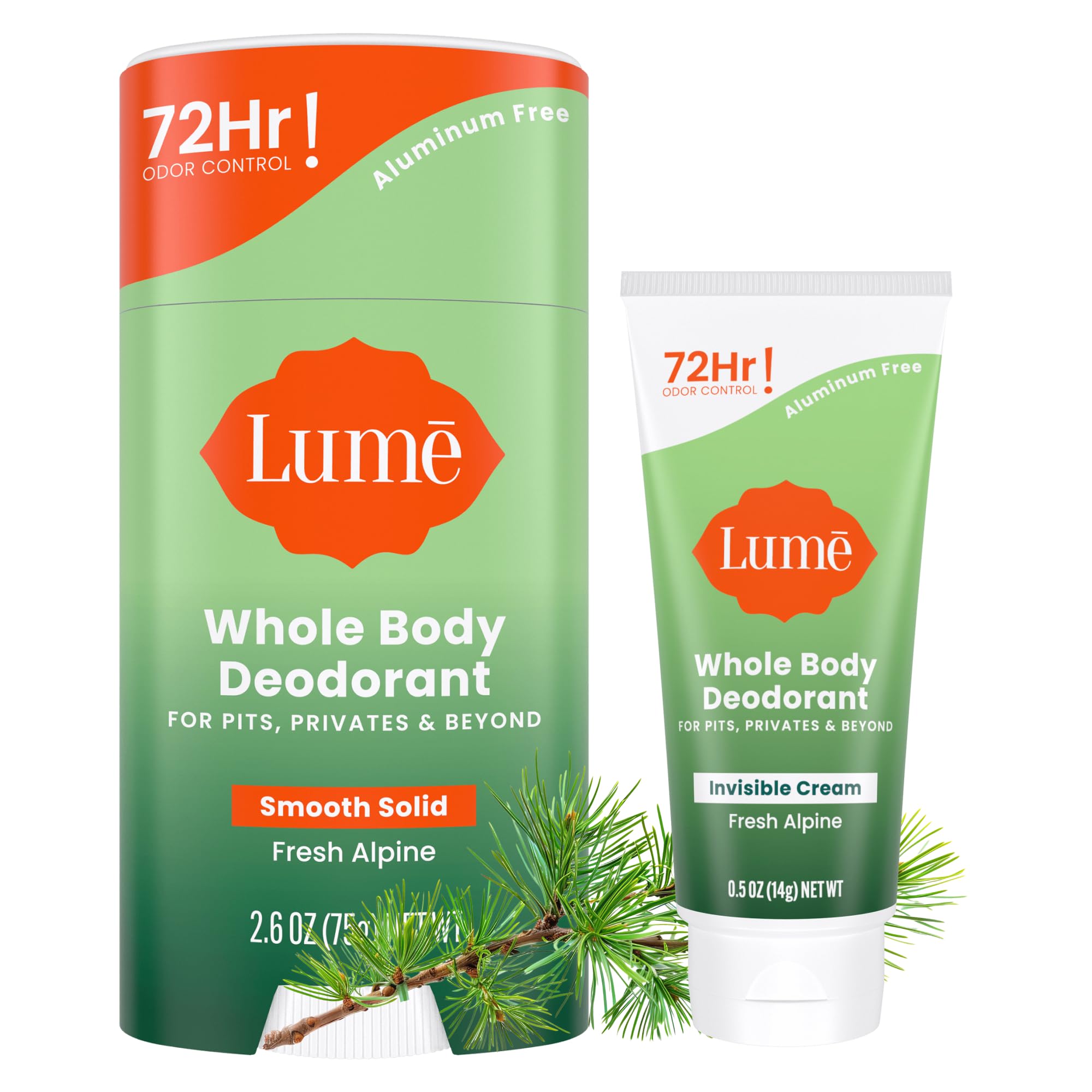 Lume Whole Body Deodorant - Invisible Cream Tube Mini and Solid Stick - 72 Hour Odor Control - Aluminum Free, Baking Soda Free, Skin Safe - 0.5 Oz Mini Tube + 2.6 Oz Solid Stick (Fresh Alpine)