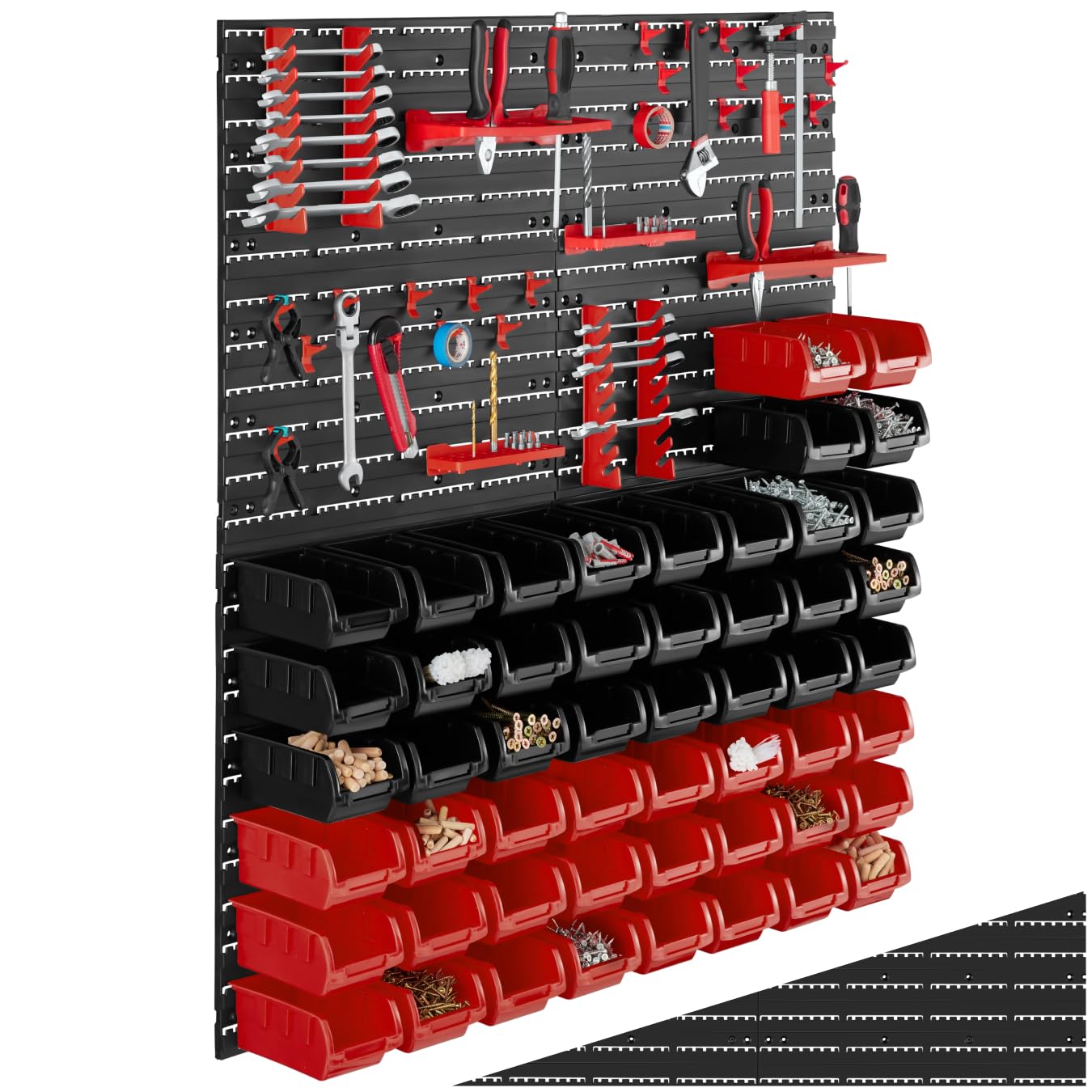 Étagère murale modulable avec 56 boîtes empilables et crochets porte-outils