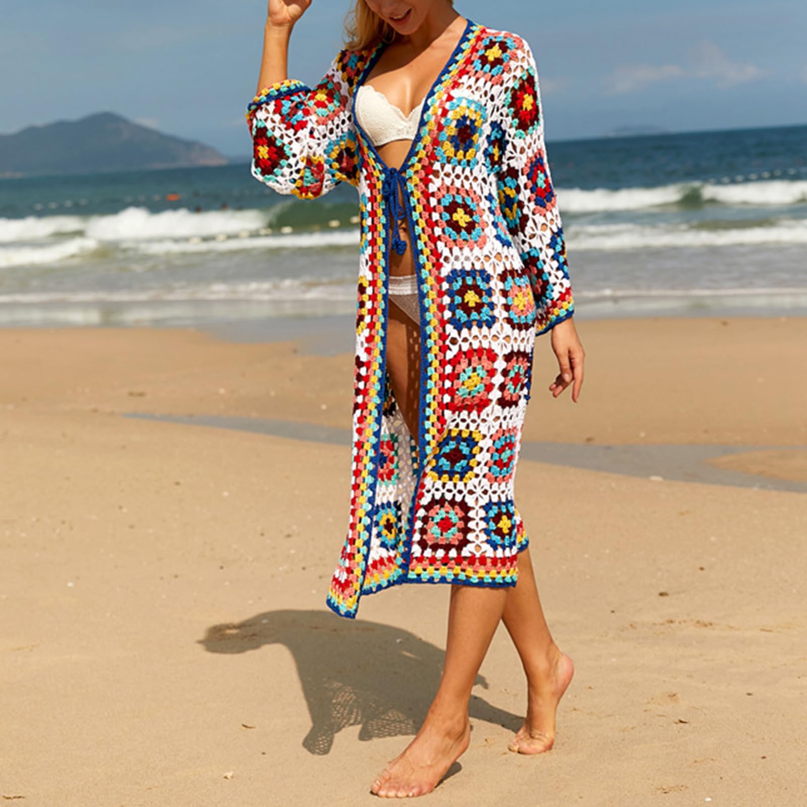 Kimono lungo da donna, aperto sul davanti, copricostume da bagno, cardigan lungo