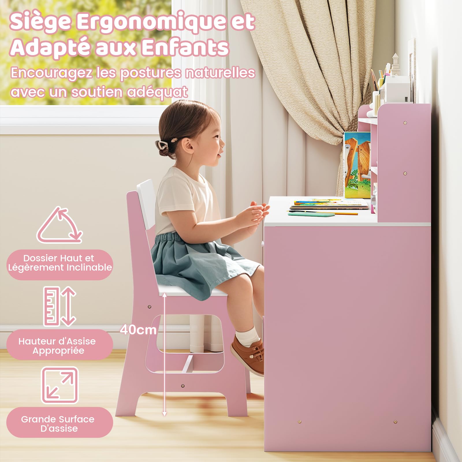 GOPLUS Bureau Enfant Garçon Fille avec Chaise, Bureau avec Rangement Étagère Tiroir Armoire, Panneau en Liège, Table Chaise Enfant pour Manger, Étudier, Dessiner (Rose)