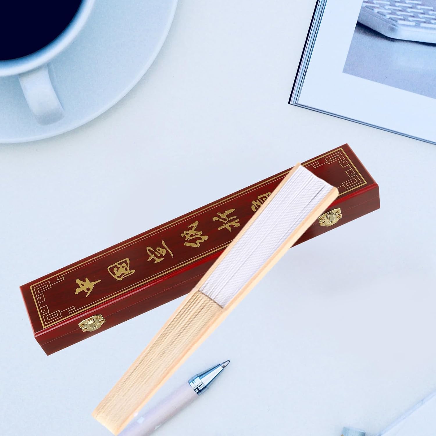 COHEALI Delicate Folding Fan Storage Box Made of Wood with Classic Chinese Style, Multi-use Organizer to Store and Protect Folded Hand Fans, Suitable for Home and Office Use