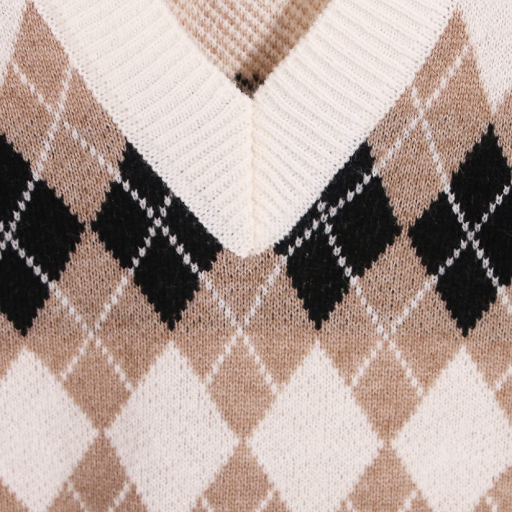 Maglione Gilet Donna,Gilet Lavorati A Maglia da Donna Maglioni Slim Pullover Vintage A Rombi Beige con Scollo A V Gilet in Maglia Stile College Caldo Maglioni Invernali Senza Maniche Canotta