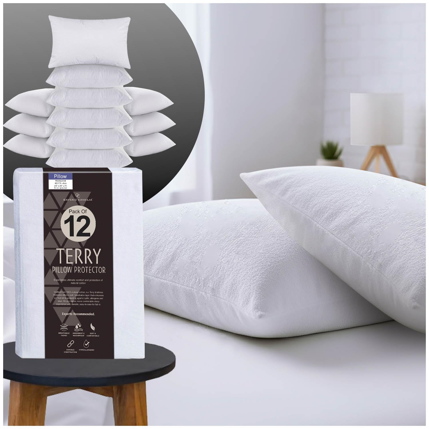 GC GAVENO CAVAILIA Terry Towel Pillow Protector - Pack of 6 Breathable & Soft Towelling Waterproof Pillow Protectors - Anti Allergy Pillow Cover - White
