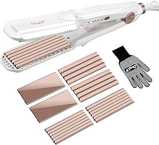 CkeyiN Hair Crimper, Professional Crimping Iron and Straighter with 3 Interchangeable Ceramic Plates for Fluffy Hairstyle, Corn, Perm, Waves, Straight Heat Resistant Glove Adjustable Temperature