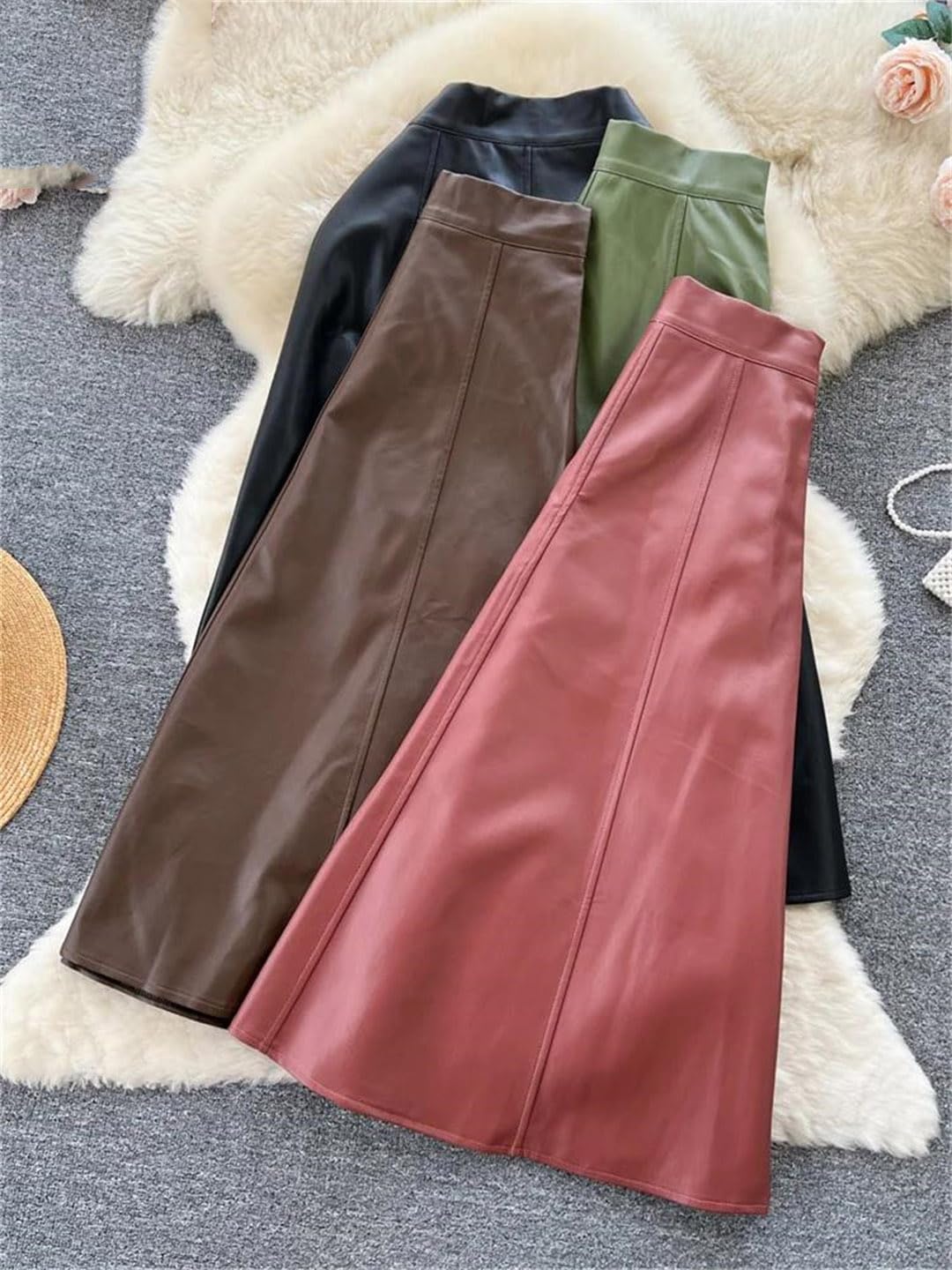 Suwequest Fashion PU Skirt Zip Pleated Solid Winter Women A Line Skirt