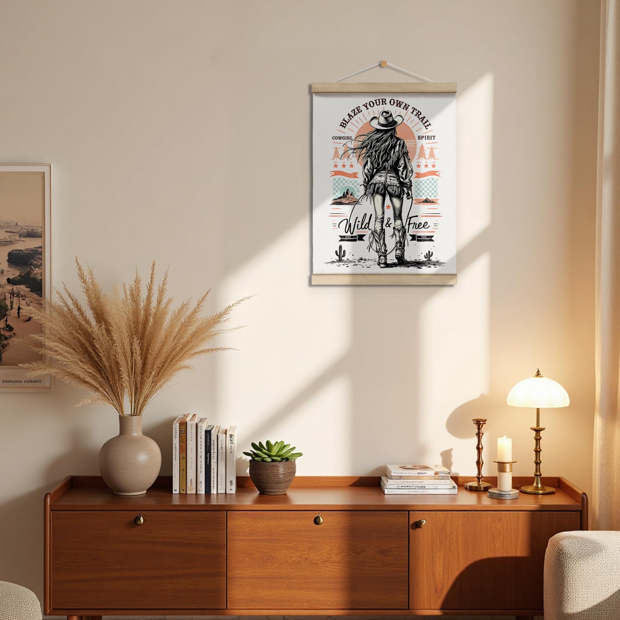 OFJE Retro Cowgirl Wild And Free Cactus Horse Poster Hanger Frame, Blaze Your Own Trail Western Wall Art Posters with Wooden Frames, Vintage Desert Cowgirl Wall Hanging Room Decor, 12x16 Inch