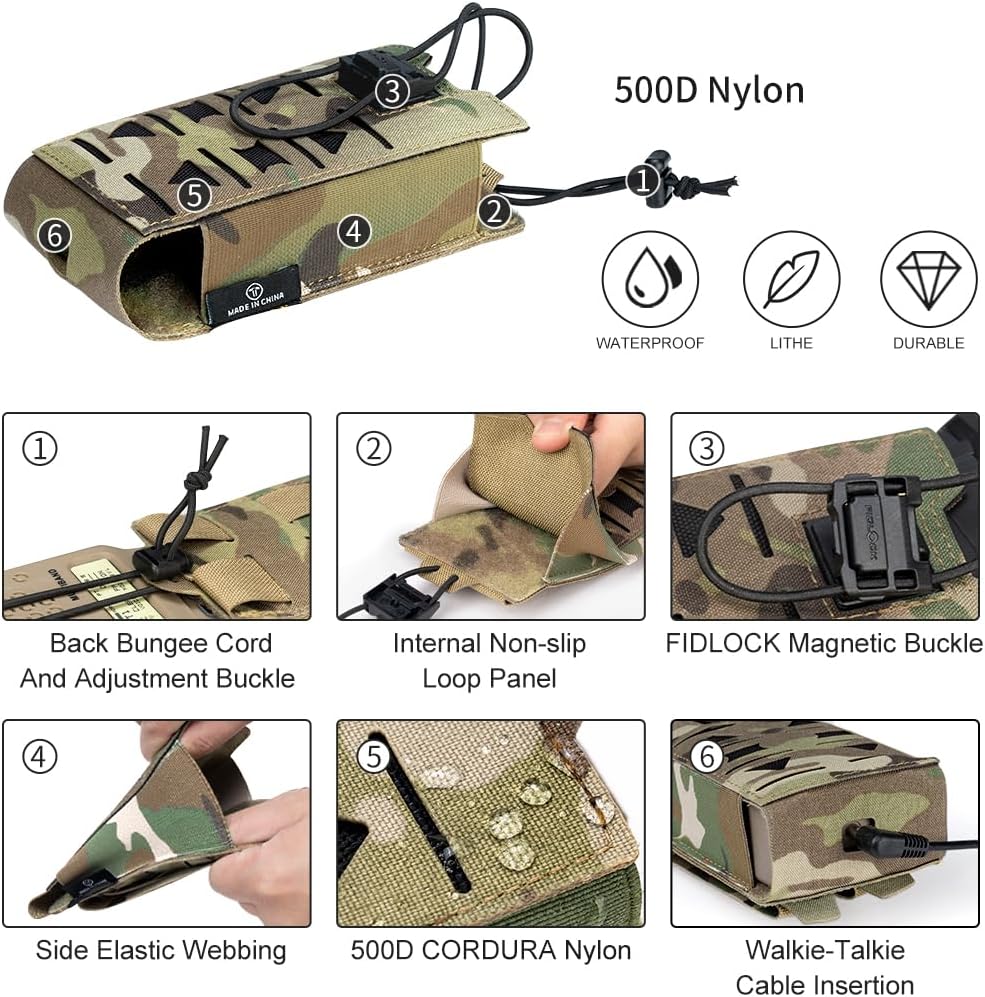 Tactical Radio Pouch MOLLE Radio Holster Compatible with 148/152 MPU5 Baofeng Radio Case Bag Walkie Talkies Rifle Mag with Elastic Cord 500D Nylon