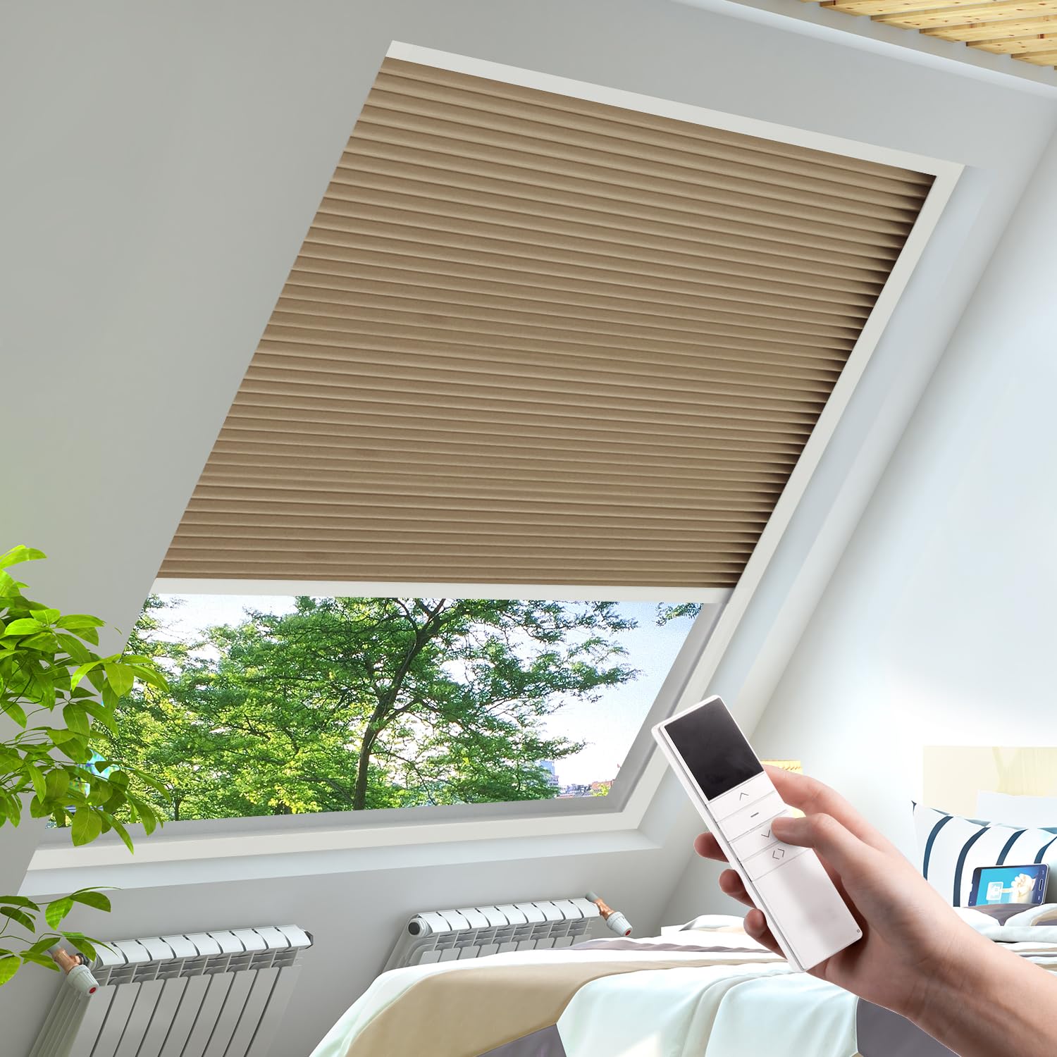 YESCENT Motorized Honeycomb Shades Cordless Over-size Customized Cellular Blinds Window Shades for Skylight Roof Inclined Plane Room Windows-brown(93021H)