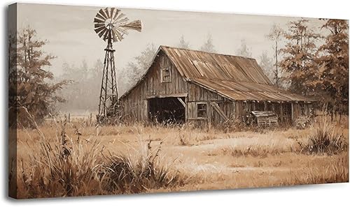 30"x 60" Canvas Wall Art Rustic Old Barn Wood Print Vintage Windmill Farmhouse Rural Country Framed Pictures Painting Print Large Wall Art for