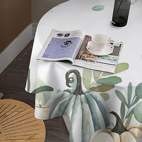 Miniatura 4 de Manteles redondos de eucalipto y calabaza de otoño, 70 x 70 pulgadas, para decoración de cocina, comedor, lavable, reutilizable, Acción de Gracias,