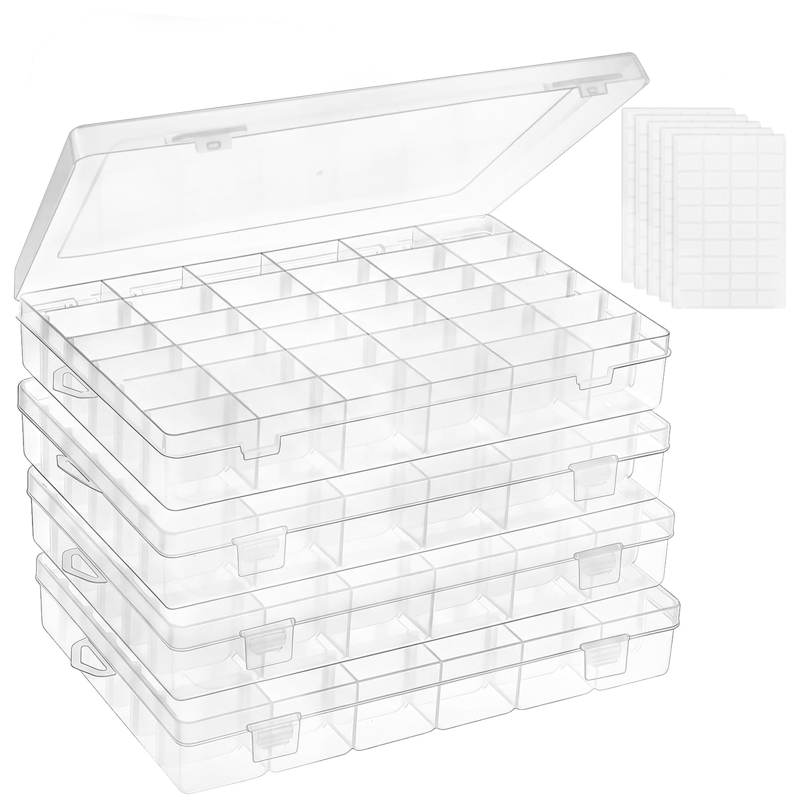 OUTUXED Paquete de 4 cajas organizadoras de cuentas de plástico de 36 rejillas con divisores, caja transparente para aparejos de manualidades, contenedores de almacenamiento con compartimentos para