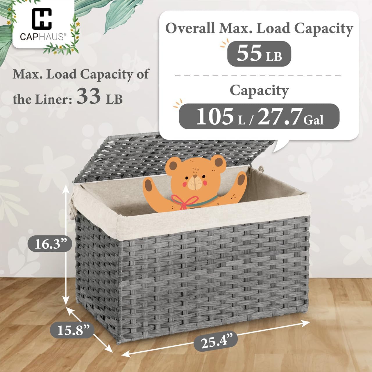 CAPHAUS Handwoven Storage Basket w/Lid and Handles, 2 Removable Liner Bags, Foldable Clothes Basket for Laundry, Large Synthetic Rattan Laundry Basket w/Lid, Laundry Basket w/Lid, 105L, Grey