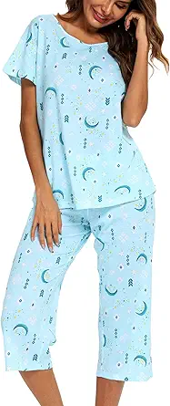 ENJOYNIGHT Women's Cute Sleepwear Tops with Capri Pants Pajama Sets Short Sleeve Cotton Pjs Sets