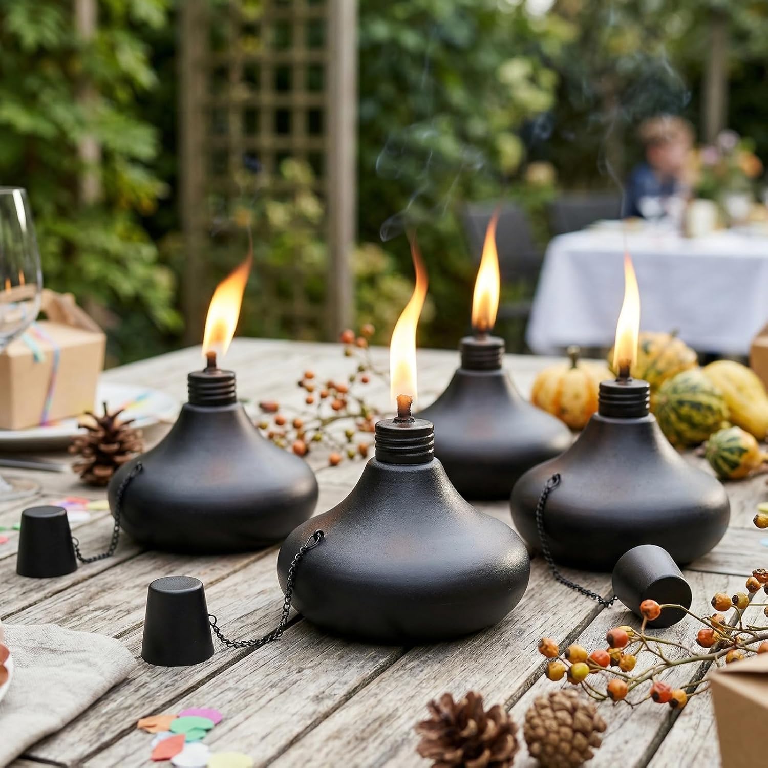 Upgraded Tabletop Torches Set of 6, 24.5 oz Citronella Candles for Outdoor, Metal Table Top Torches for Outside, Refillable Torch Lanterns for Patio, Yard, Deck, Garden, Party