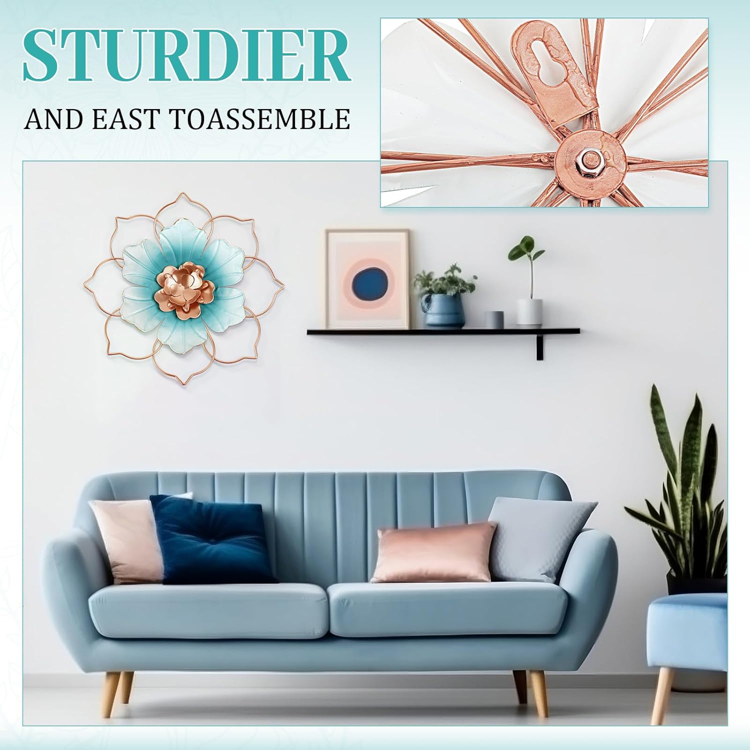 Tandefio 3 Pcs 9.5 Inches Metal Flower Wall Decor Floral Decoration, Metal Flower Wall Art Sunroom Decor Iron Hangings for Living Room Bathroom Bedroom Home Indoor Outdoor(Blue)