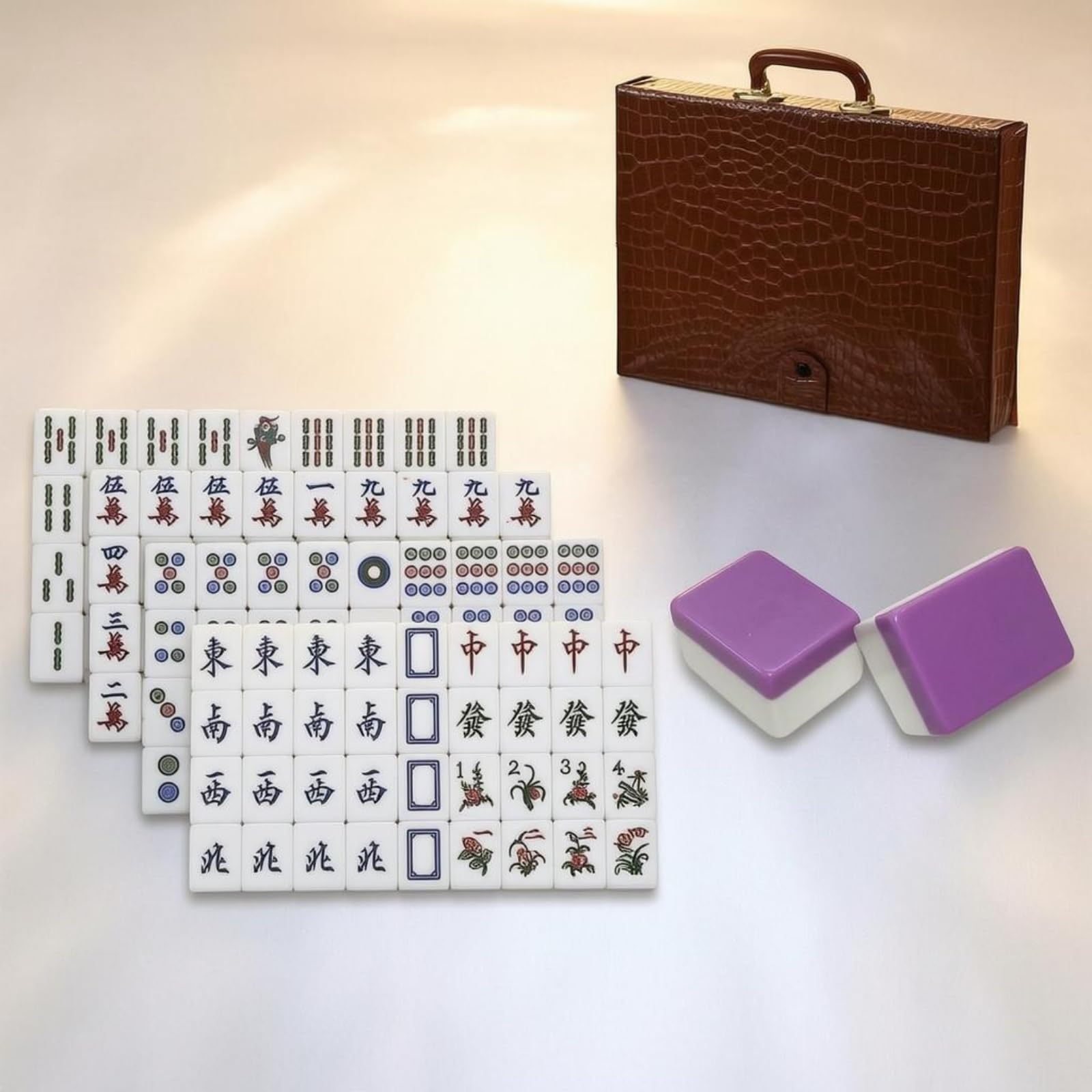 Hongkong-Mahjong-Set Blumensteine 37er-Mahjong-Set Rechteckig Gesellschaftsspiel, Array, Elfenbein Gelb, 7分牙黄 37 +皮盒
