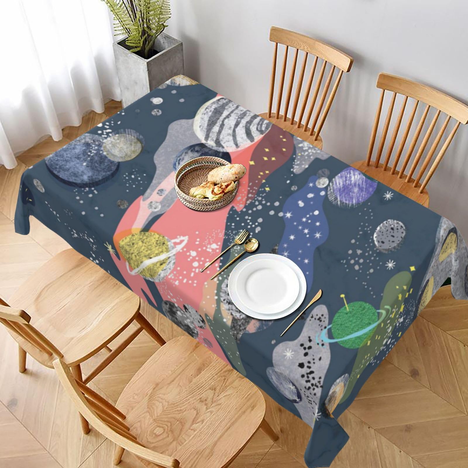 BNVSADC Planet Printed Rectangle Tablecloth 228x152 CM, Water Resistant Polyester Table Cloth Decorative Fabric Table Covers for Kitchen Dining Table Parties Camping
