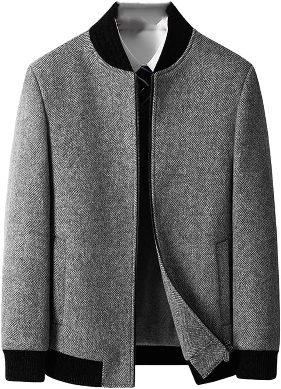 Men's Lightweight Wool Jackets Stand Collar Herringbone Casual Coats Fashion Slim Thicken Tops