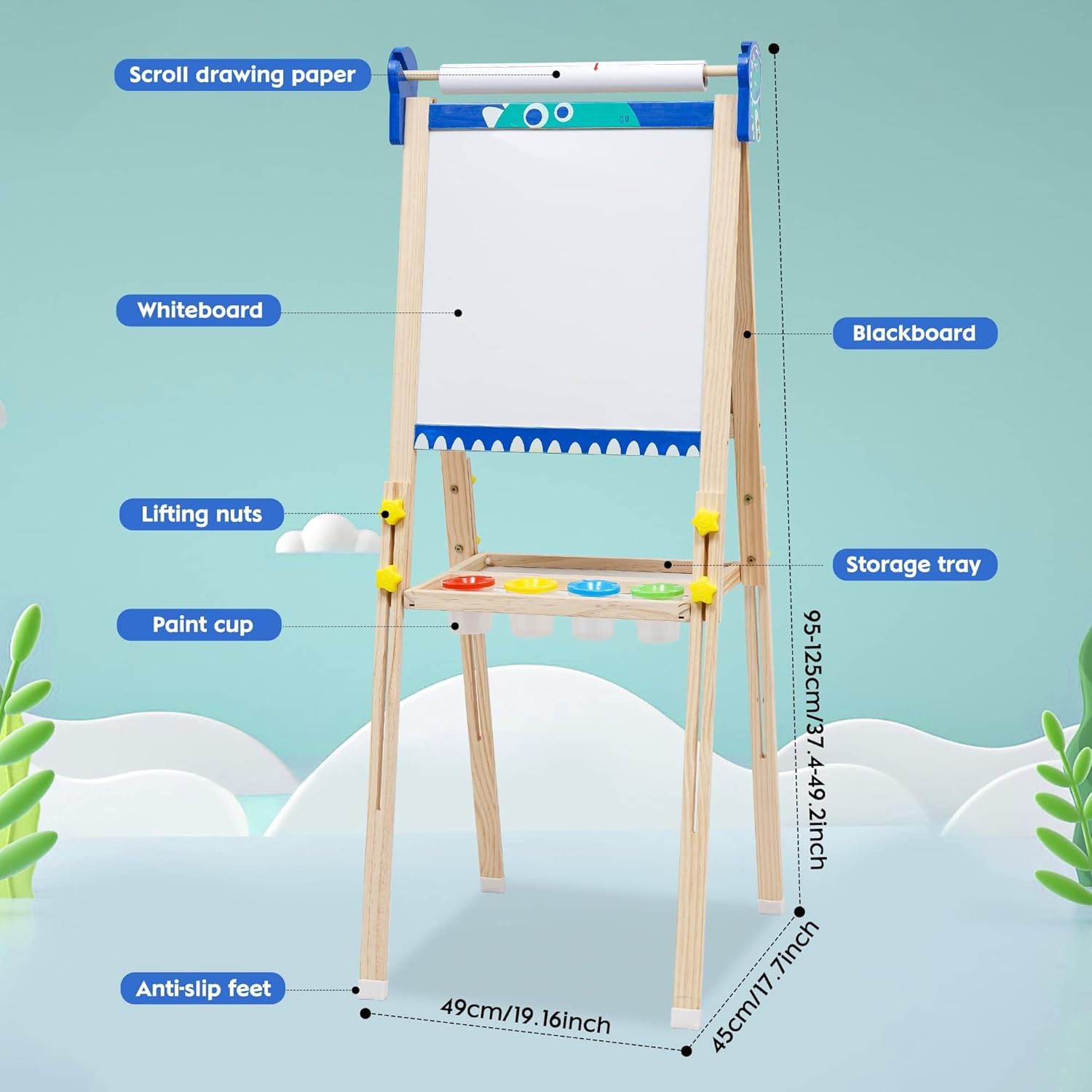 Kids Wooden Art Easel with Paper Roll,Foldable Double-Sided Easel with Whiteboard & Chalkboard,Height-Adjustable Drawing Board for Girls Boys Toddlers Aged 3-5/4-8,Ideal Gift for Christmas,Birthday