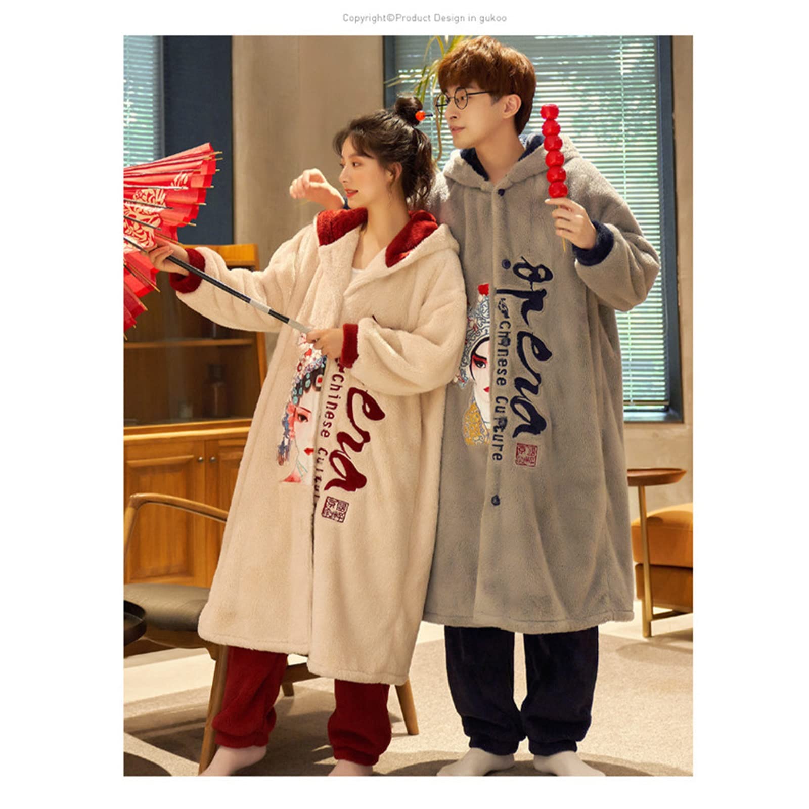 GHYUB Accappatoio Uomo Cappuccio, Accappatoi per Coppia, Pigiama di Flanella Invernale in 2 Pezzi, Accappatoio in Stile Cinese, Pigiama di Media Lunghezza con Cappuccio (Color : Woman Red, Size : 2L)