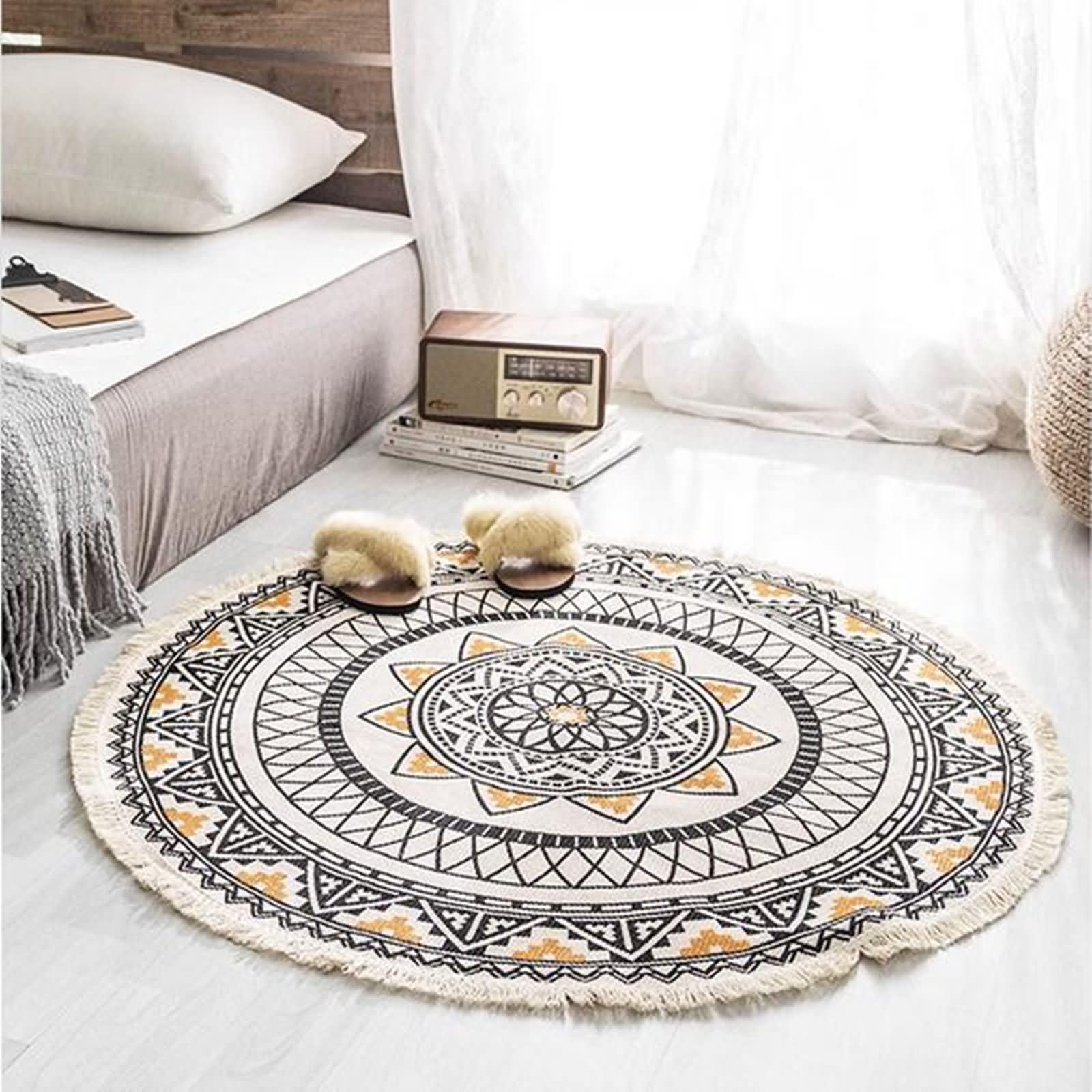 Teppich Wohnzimmer Rund, Baumwoll-Leinen Vintage Böhmische Blumen 150CM Teppich für Wohnzimmer, Küche Schlafzimmer, & Kinderzimmer, Grau Gelb, Stil 1