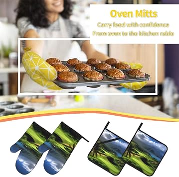 4PCS Oven Mitts and Pot Holders Set, Scenic Hawaii Golf Tropical Heat Resistant Oven Gloves Waterproof Cooking Gloves Hot Pads with Hanging Loop for Kitchen BBQ Outdoor Grilling
