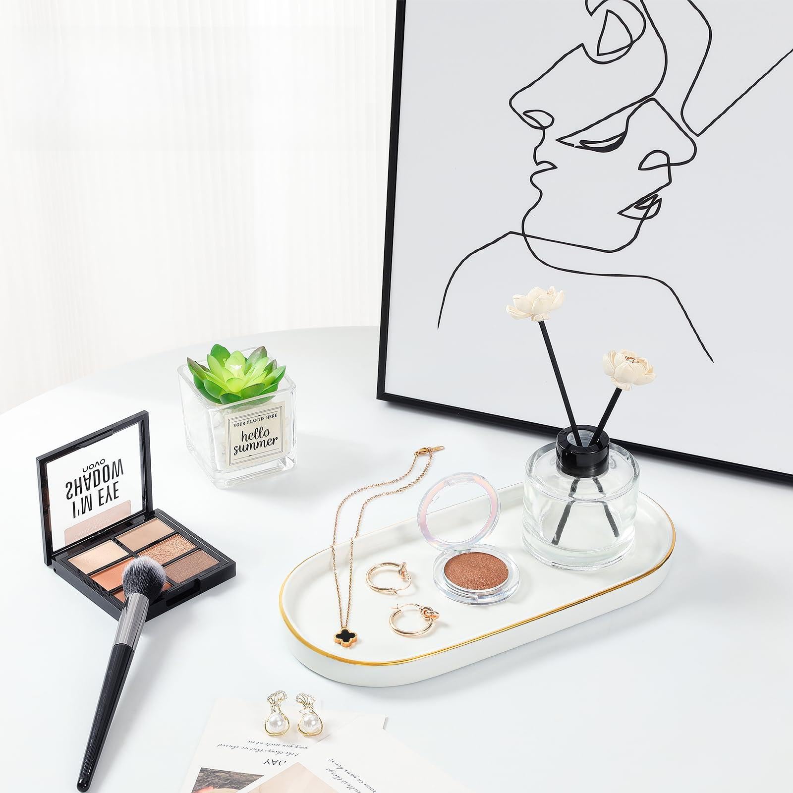 Luxspire Bathroom Vanity Tray, Marble Ceramic Dresser Jewelry Dish with Golden Rim, Decorative Tray Countertop Sink Storage Holder Organizer for Soap Candles Perfume Comestic Home Decor, Matte White