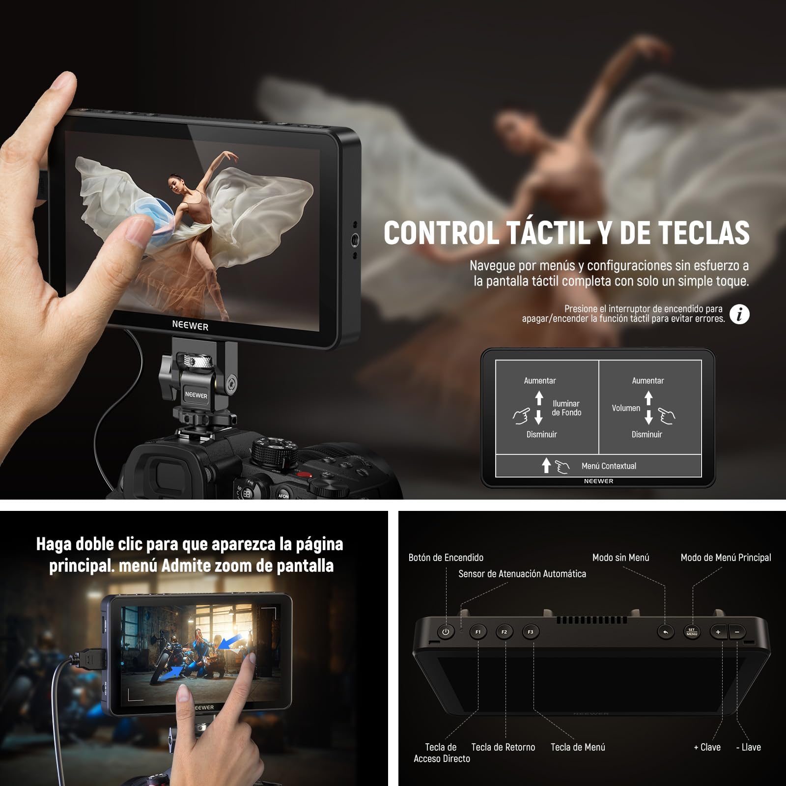 NEEWER F700 7" Monitor Campo Cámara, 2000nit HD 1920x1080 IPS Pantalla Táctil con 3D LUT, 4K HDMI Loop in/out con Peak Focus Asistencia Video DSLR Onda HDR,Montaje Zapata Fría,5200mAh Batería y Cable