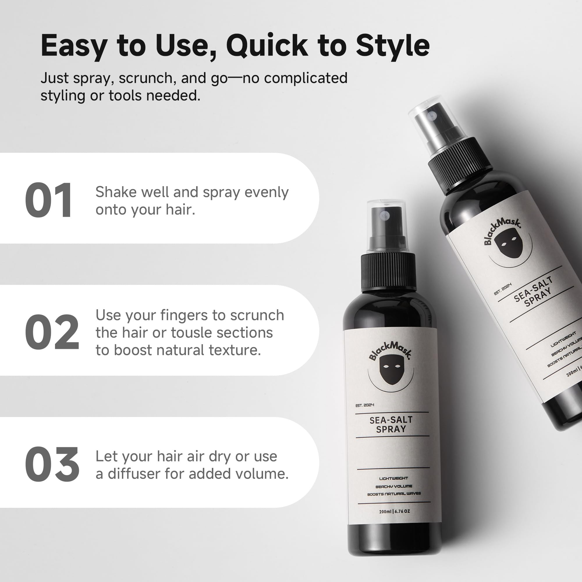 BlackMask Spray al Sale Marino per Uomo – Spray Texture Capelli Effetto Onde da Spiaggia con Finitura Opaca Naturale – Spray al Sale Marino per Styling dei Capelli Aggiunge Definizione, Volume e