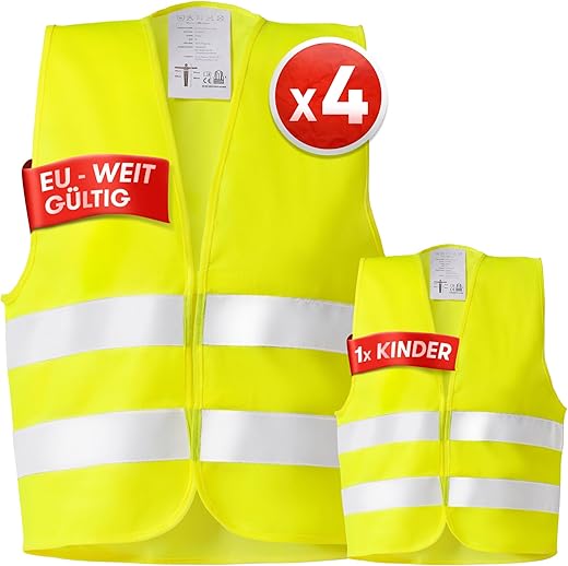 PURAHELP Warnwesten Auto 5er 4+1 Set Europaweit gültig nach EN ISO 20471 – Reflektierende Warnweste Auto inkl. Kinderweste – Sicherheitsweste Auto Warnweste Gelb -…