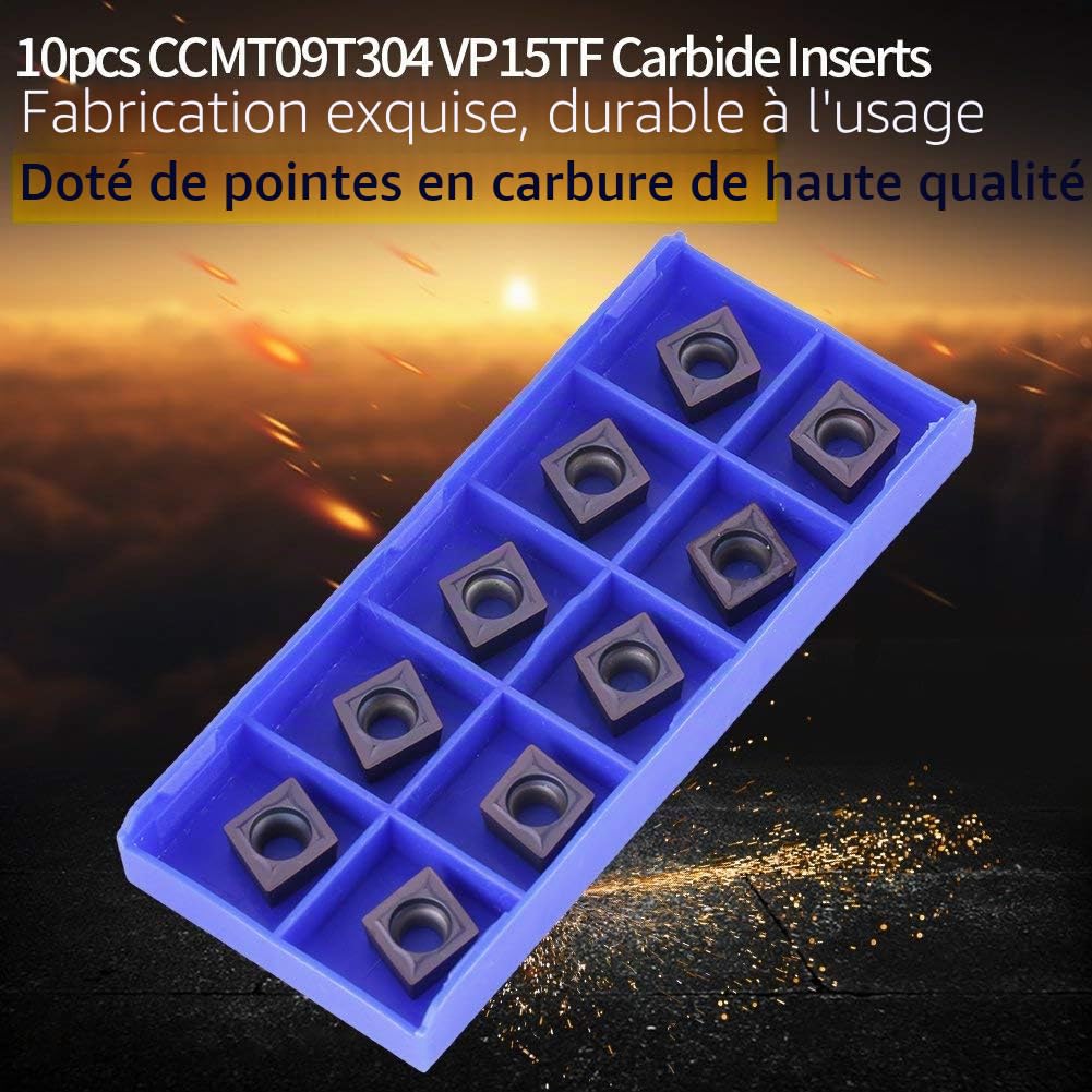 Fraises à plaquette en carbure 10 pièces, pointe en carbure CNC à haute dureté Inserts lame CCMT09T304 VP15TF, avec boîte, pour le traitement de l'acier 45, de l'acier A3, d'autres matériaux